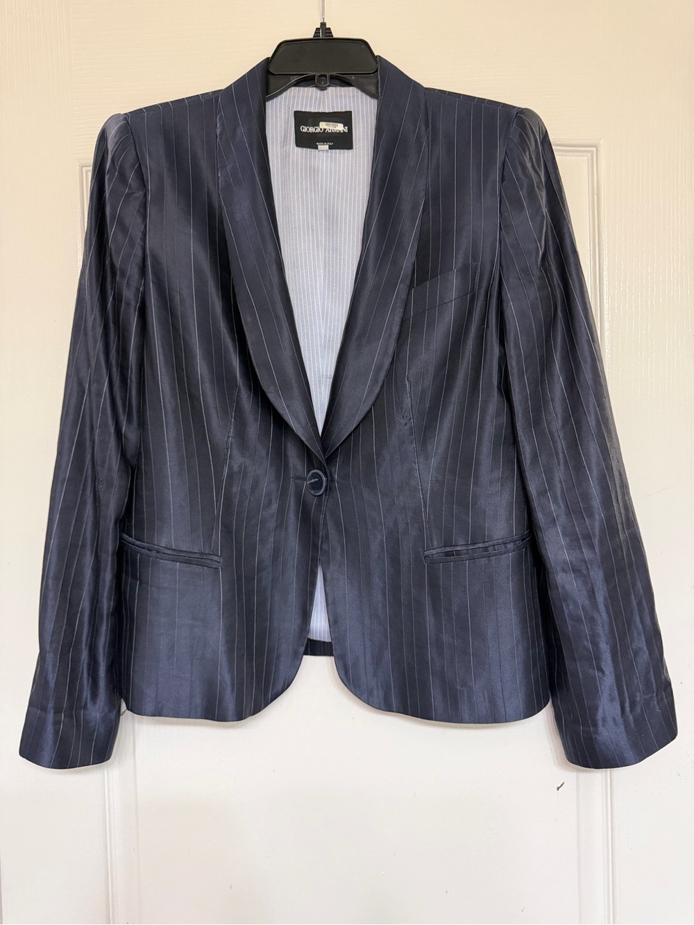Giorgio Armani Silk Ramie Pinstripe Blazer Navy Shawl Collar IT 48 US 12 Italy